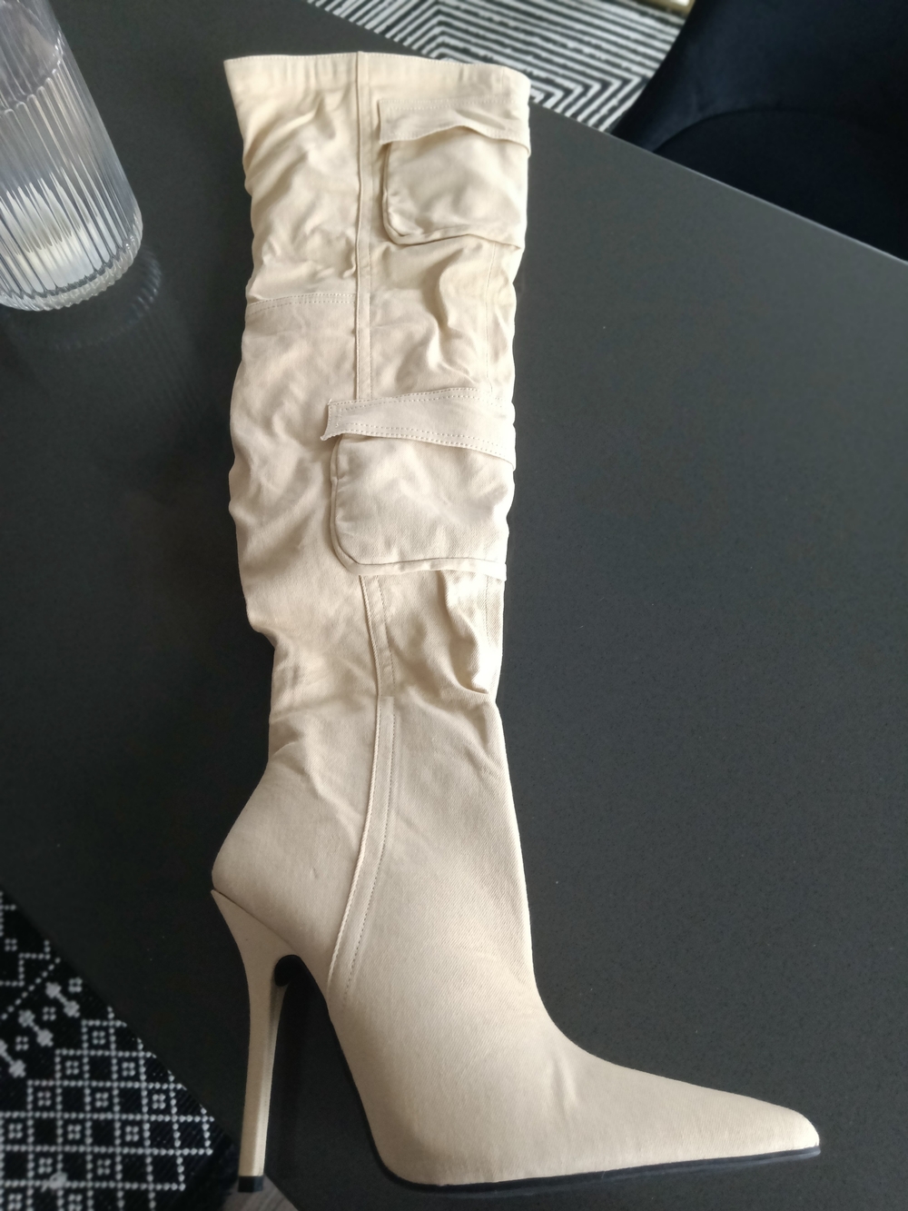 EGO Cream Pointed-Toe Stiletto Knee-High Boot